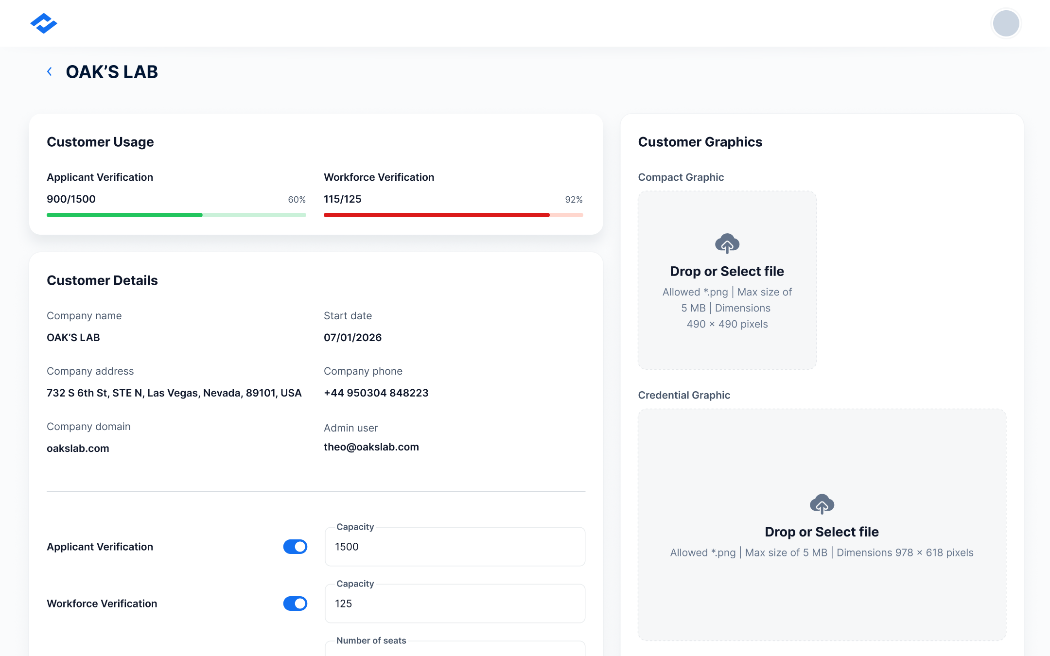 Admin app — customer usage, capacity, and branding