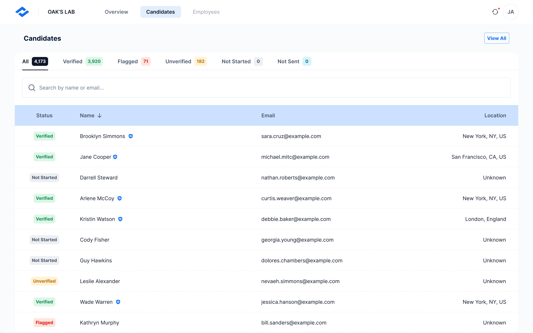 Employer web app — verified candidate list