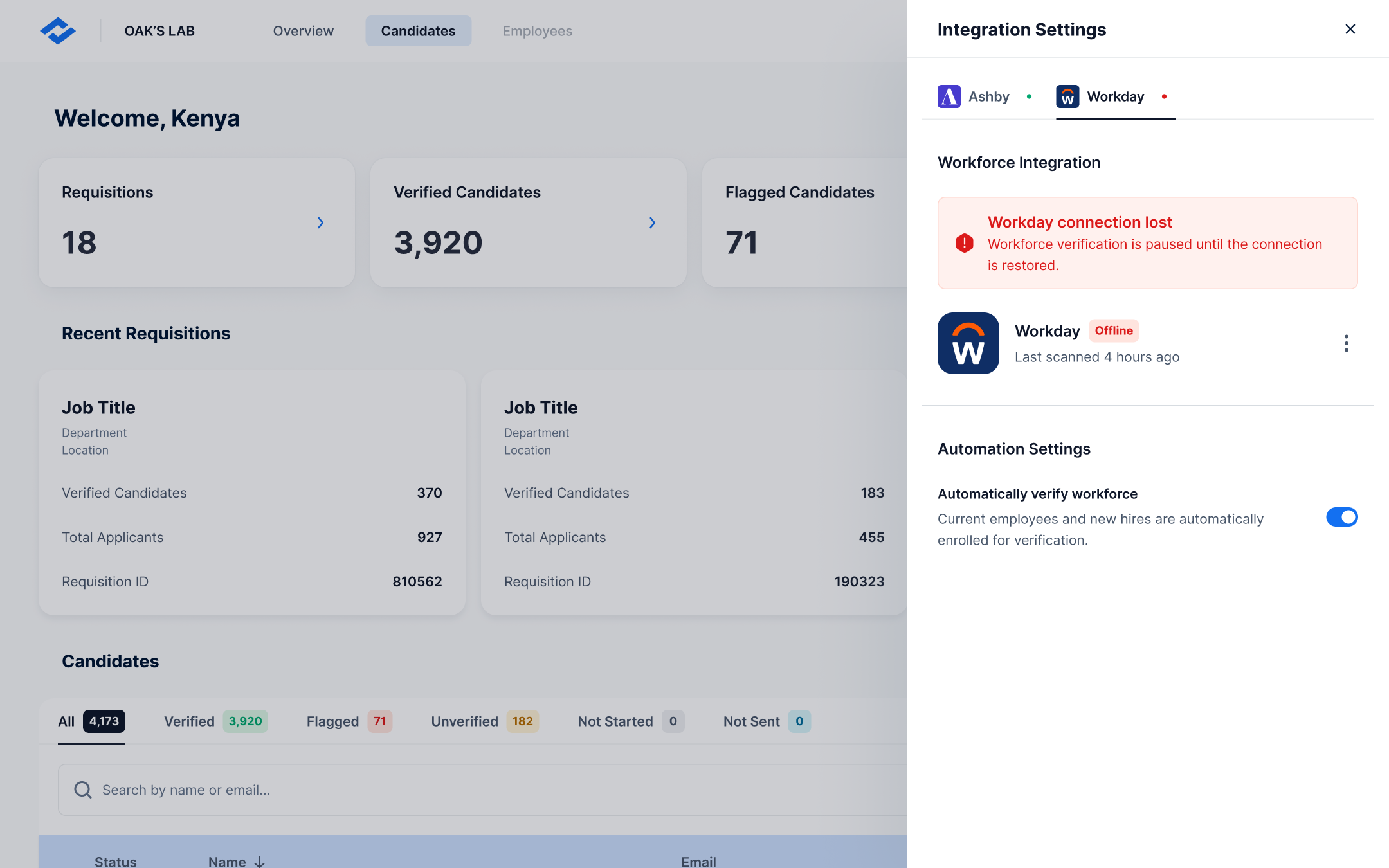 Employer web app — HRIS/ATS integration settings